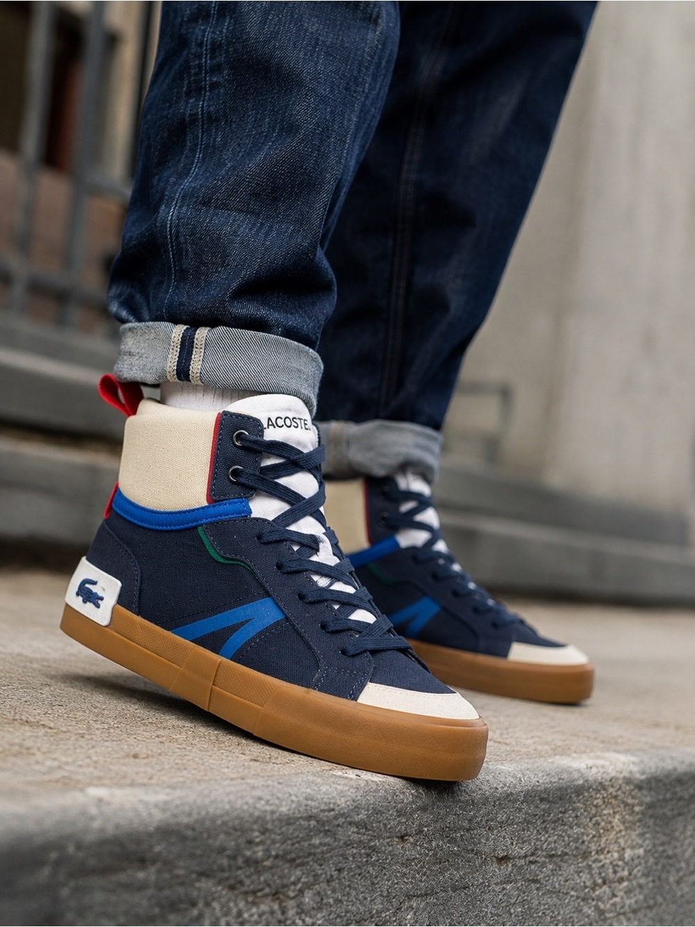 Lacoste Navy and Cream High-Top Sneakers with Gum Sole and Blue Trim